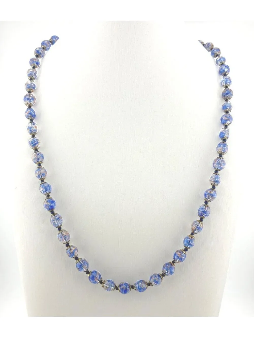 Vintage Blue Venetian Murano Glass Foil Beaded Necklace with Gold Tone Clasp 24